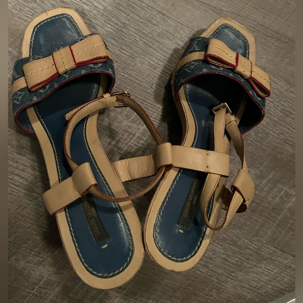 LV Denim Heel Sandals with ankle Strap.